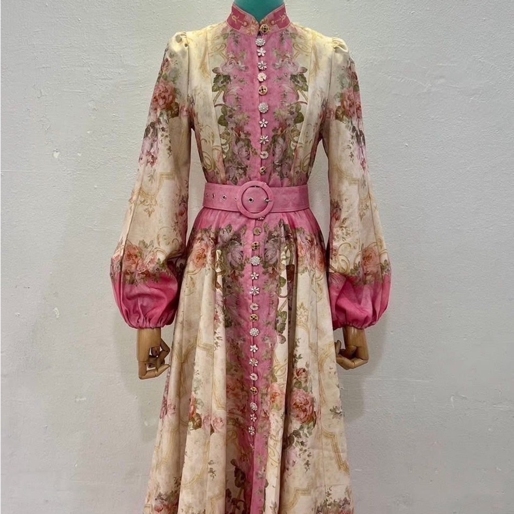 Pink and Cream Floral Long Sleeve Dress